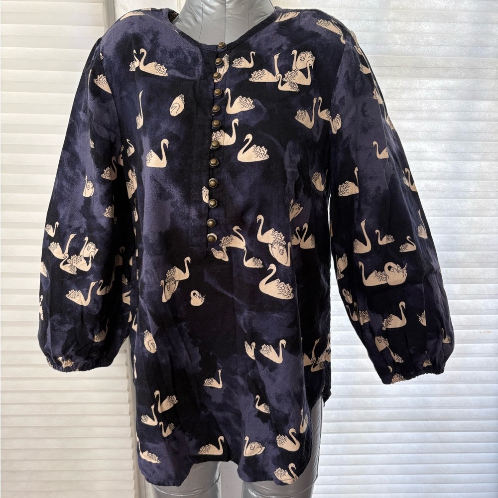 Maeve Cotton Flannel Navy Swan Print Blouse